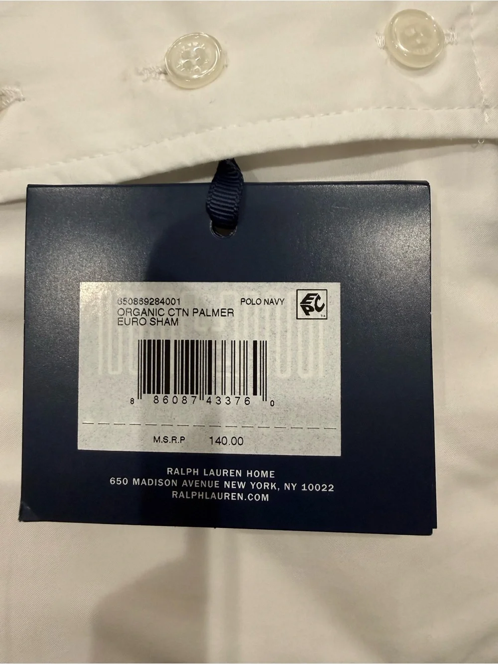 New Ralph Lauren European Euro Sham Organic Palmer Percale Polo Navy Blue NS538